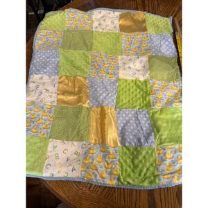 Project Linus Patchwork Baby Blanket Rubber Ducky Minky Satin Green Blue 33x27